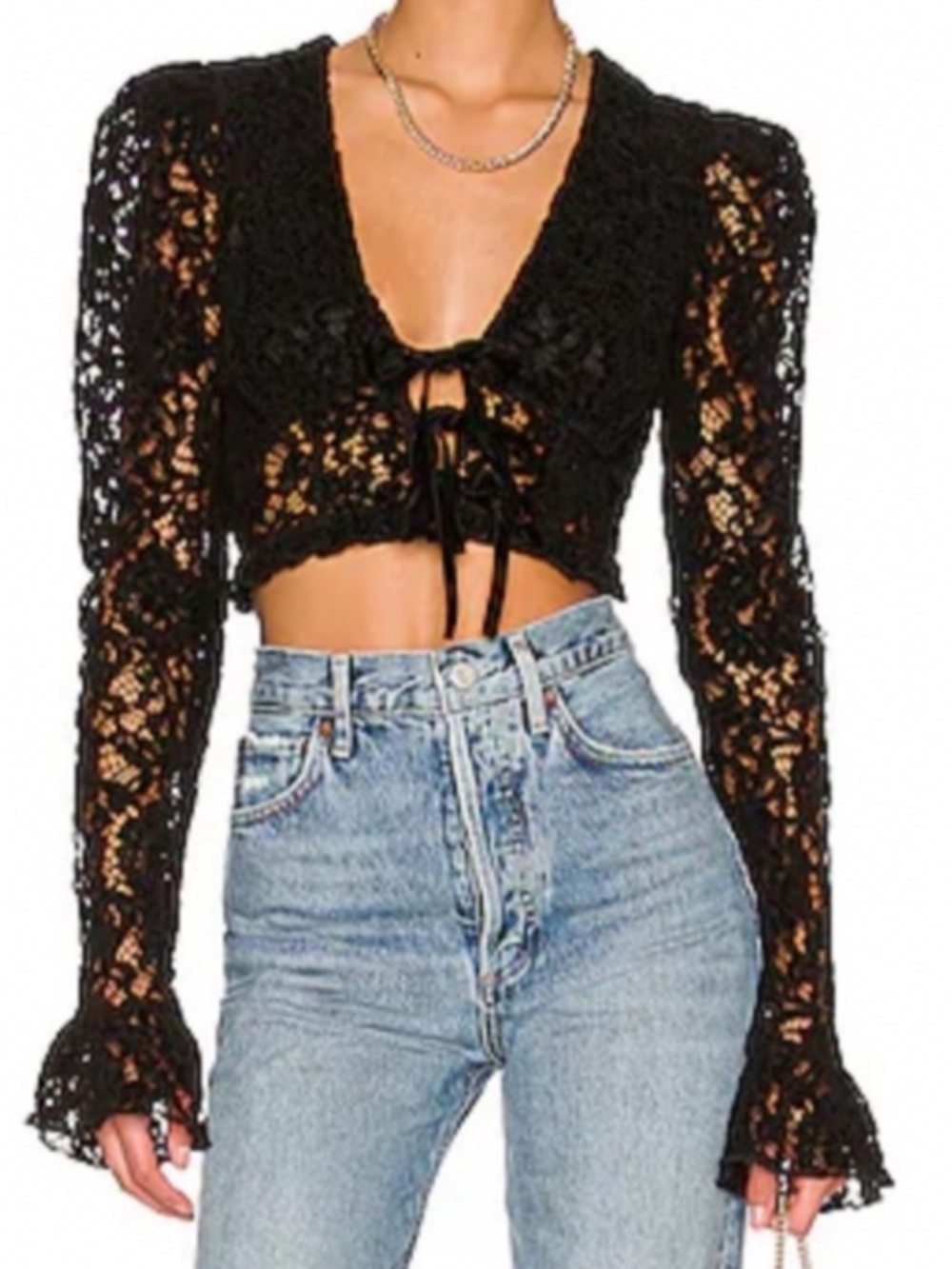 Majorelle black floral lace velvet long sleeve tie front cropped top jacket XXS